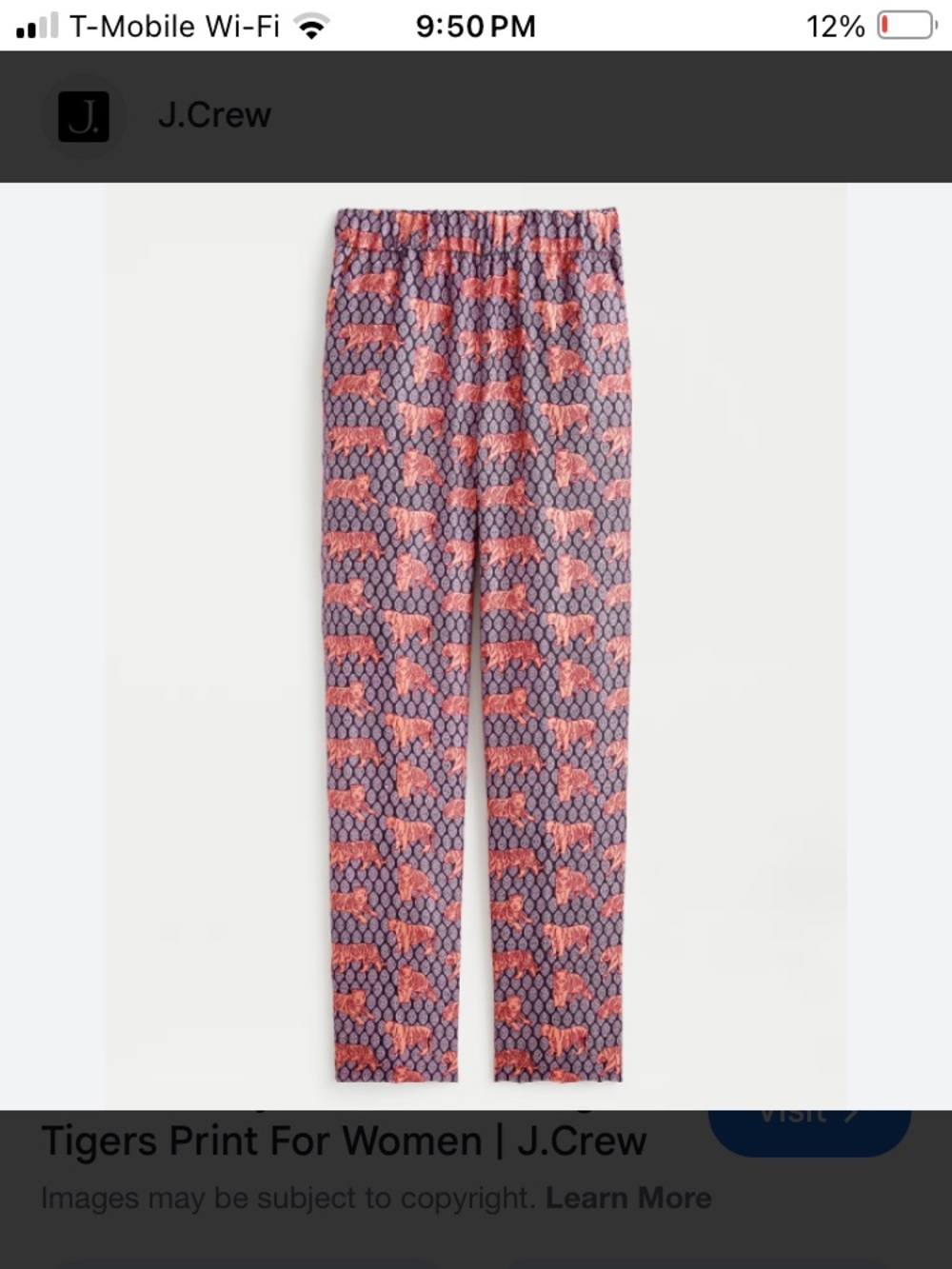 J. Crew Purple Pants with Pink Tiger Print